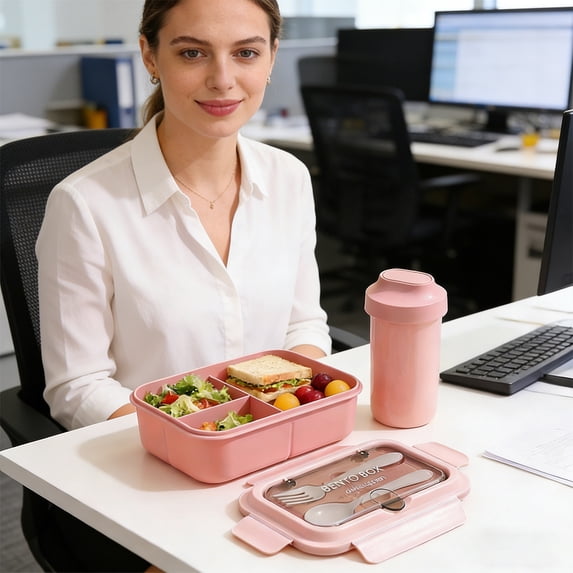 Lunch Box with Compartments, QQZ Spill Proof Bento Container for Adults, Large Capacity 1200ml Microwave Dishwasher Safe Plastic Lunch Box with Fork Spoon, Pink