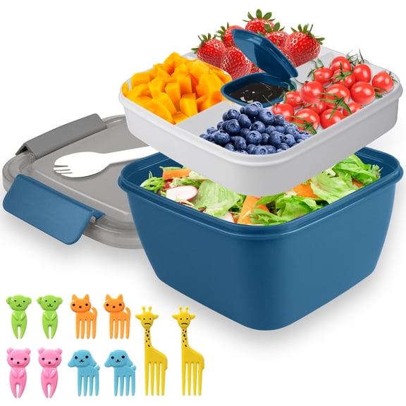 Lunch Box Containers for Adults,AILKIN 35 Oz Bento Box with Lids Adult Lunch Box for Men Women Lunchable Container with Utensils,Picks,Sauce Container,Lunch Box for Microwave&Dishwasher Safe,Blue