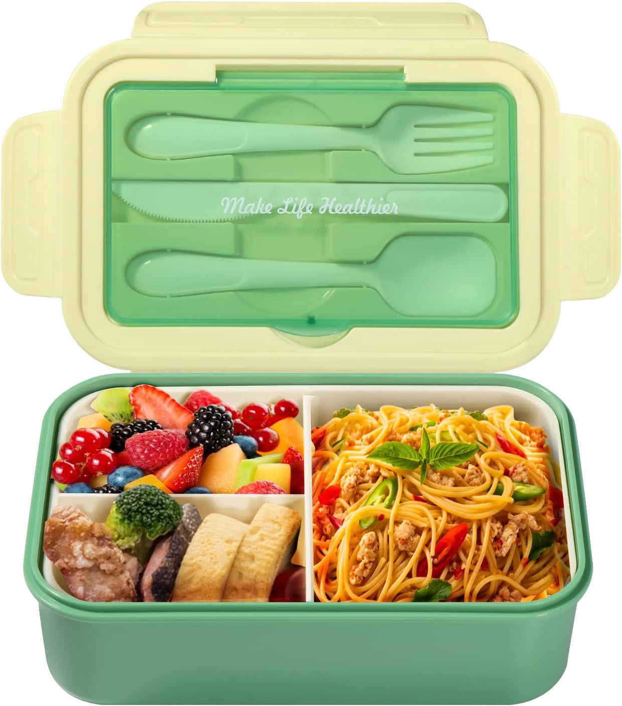 Boîte Bento Repas 1400 Ml Avec 3 Compartiments + Sauce - Sans BPA, Micro-ondable - Ustensiles Inclus - Vert - 8