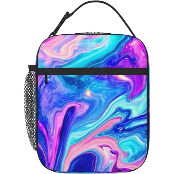 Lunch Box Insulated Lunch Bag With Adjustable Shoulder Strap & Bottle Holder (Rainbow Marble)