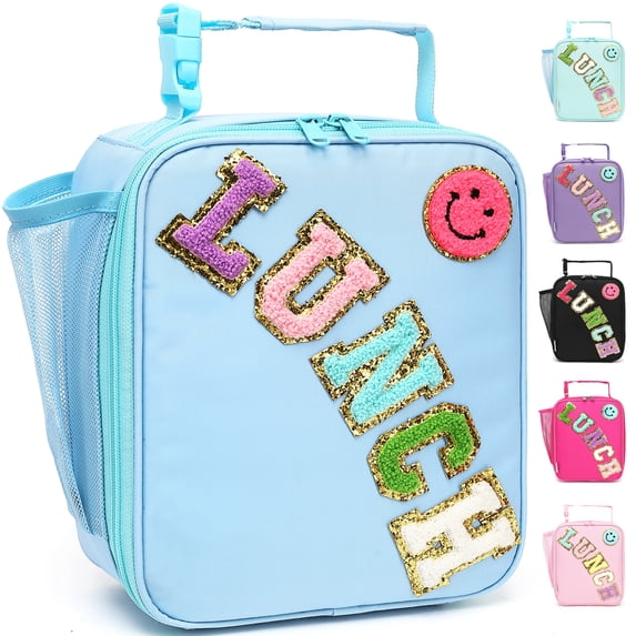 Lunch Box for Kids Boys Girls Men Women, Insulated Small Soft Cooler Lunch Bag Kit for School Work Picnic Travel - Reusable Portable lunchbox, Chenille Letters, Light Blue