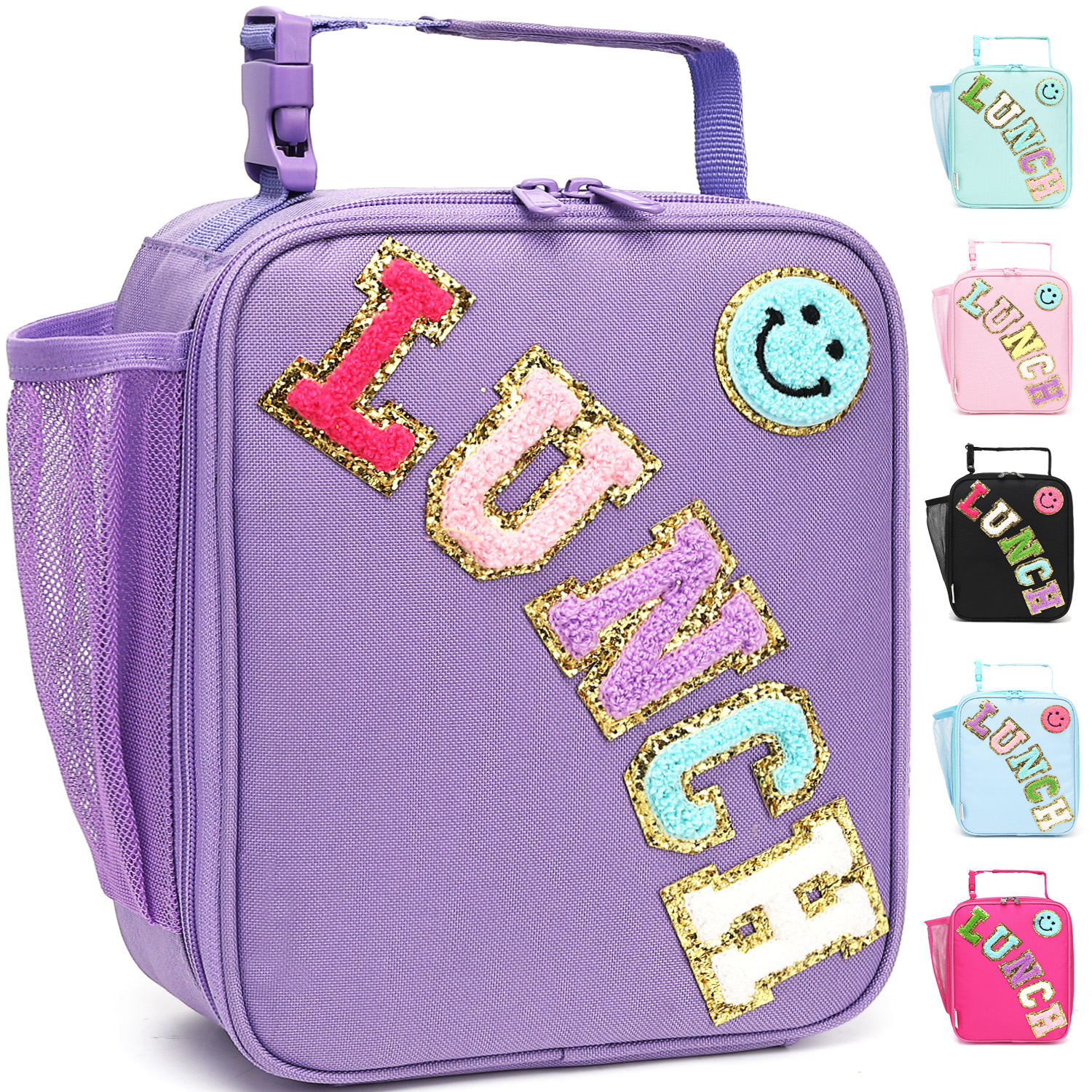 Lonchera para Niños Niñas Hombres Mujeres, Kit de Bolsa de Almuerzo Térmica Pequeña y Suave para Escuela Trabajo Picnic Viaje - Lonchera Portátil Reutilizable, Letras de Chenilla, Morado