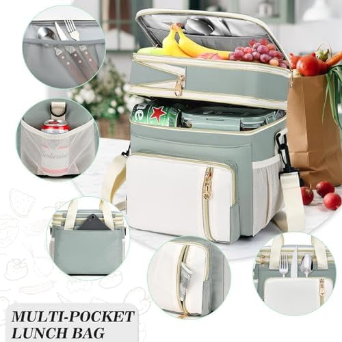 Lunch Box & Lunch Bag for Women Men, Large Insulated Adult Lunch Box Leakproof Lunchbox Cooler Bag for Work Picnic Beach,16L, Olive Green & White