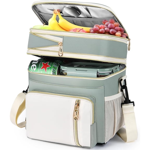 Lunch Box & Lunch Bag for Women Men, Large Insulated Adult Lunch Box Leakproof Lunchbox Cooler Bag for Work Picnic Beach,16L, Olive Green & White