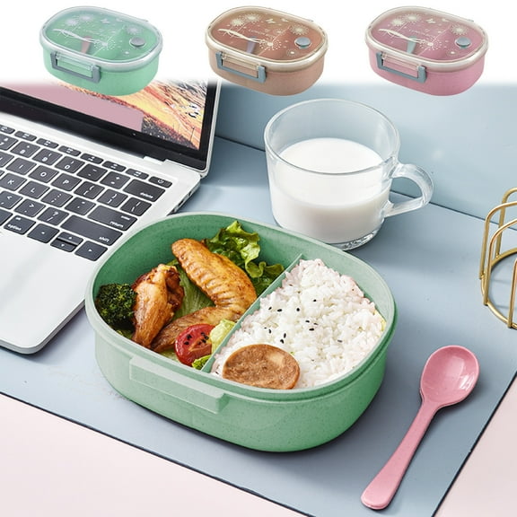 Lunch Box – Microwave Bento Box | Wheat Straw Fiber, Mobile Phone Holder, Leak-Resistant, Fresh-Keeping | Khaki | 6.88 x 5.51 x 2.56 in