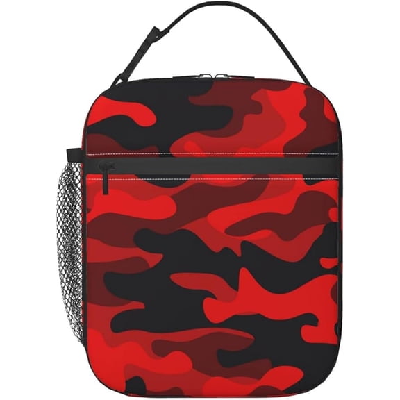 Lunch Box Military Camouflake Camo Red Black Insulated Bag Reusable with Side Pocket for Work Picnic Hiking Daytrip