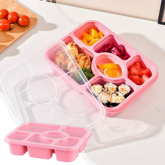 Lunch Box Organizer | Six Compartment Snack & Fruit Storage | Wheat Straw Plastic | Transparent Dirt-Proof Lid | Durable & Easy Clean | 24x17.5x5.5cm | Pink Blue Green Beige | 1 Piece