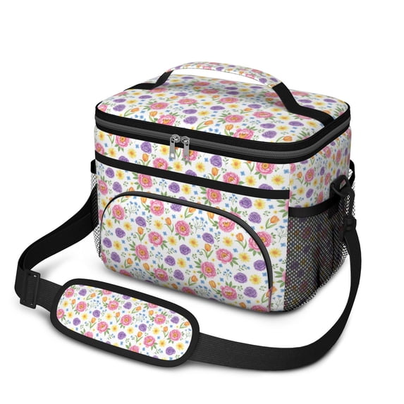 Lunch Box Pioneer Flower Floral Print Pattern Insulated Lunch Bag for Women Men,Medium Leakproof Lunchbox Cooler Bag Adjustable Strap,10 X 6.7 X 8 Inches