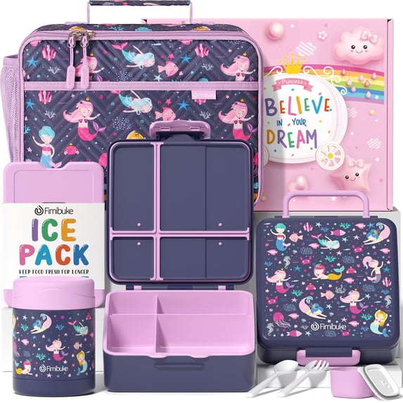 Lunch Box Set with Bento Box, Stainless Steel Vacuum Thermo Food Jar, Ice Pack, Utensils, Portable Insulated Lunch Bag for School, Travel, Office (Mermaid)