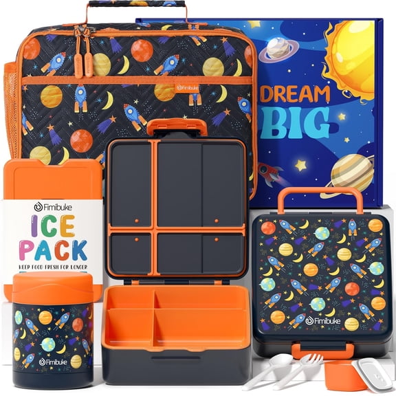 Lunch Box Set with Bento Box, Stainless Steel Vacuum Thermo Food Jar, Ice Pack, Utensils, Portable Insulated Lunch Bag for School, Travel, Office (Space)