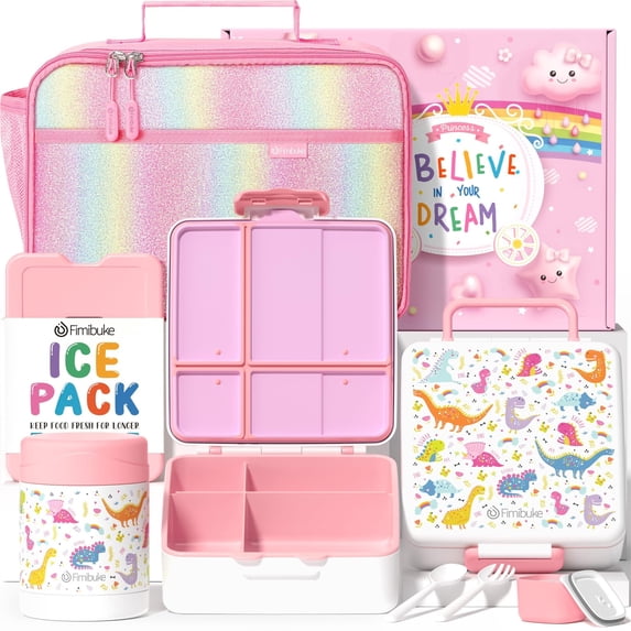Lunch Box Set with Bento Box, Stainless Steel Vacuum Thermo Food Jar, Ice Pack, Utensils, Portable Insulated Lunch Bag for School, Travel, Office (White Dinosaur)