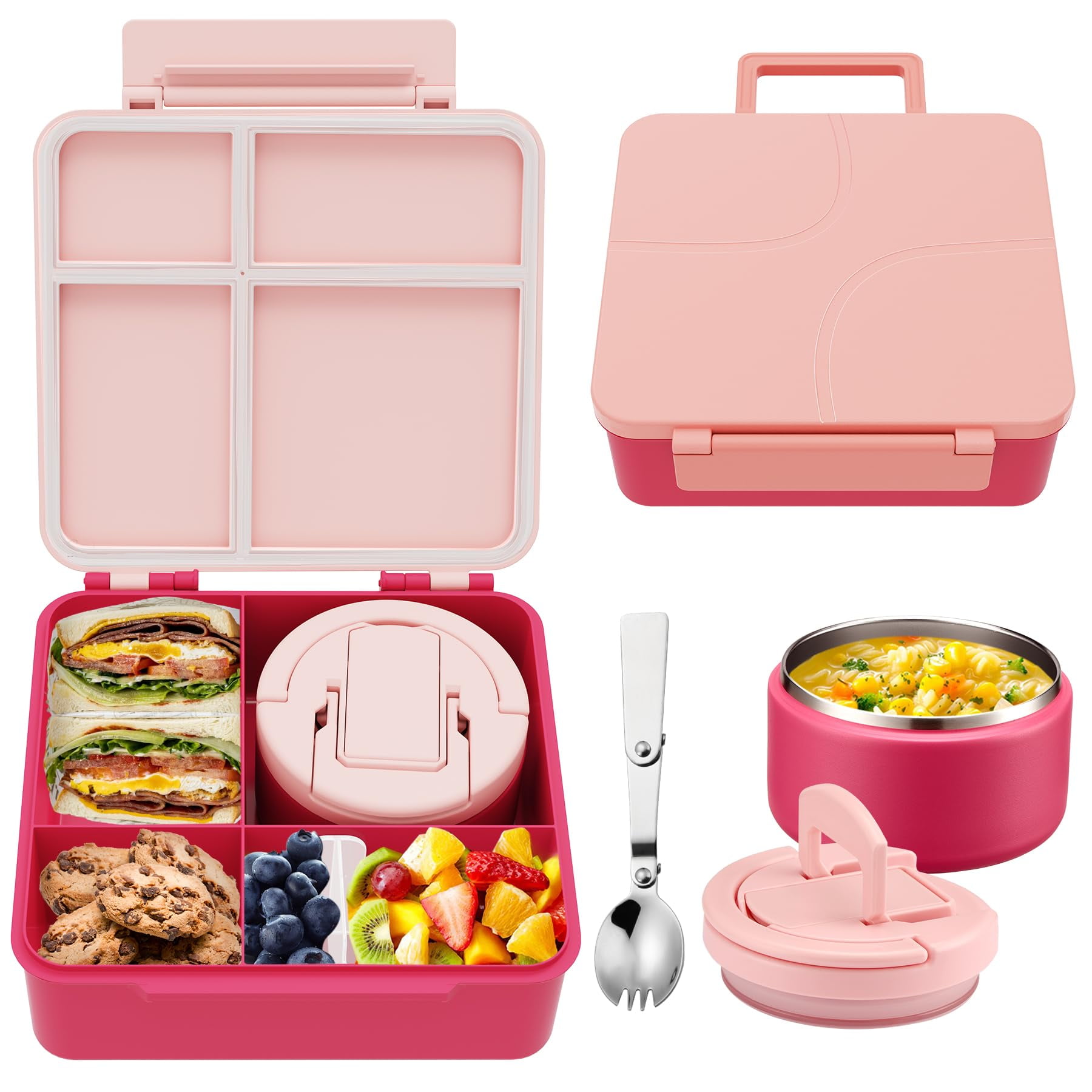 Bento Lunch Box Set Completo Con Thermos E Bicchiere – Portapranzo A Scomparti (Colore Viola) - 3