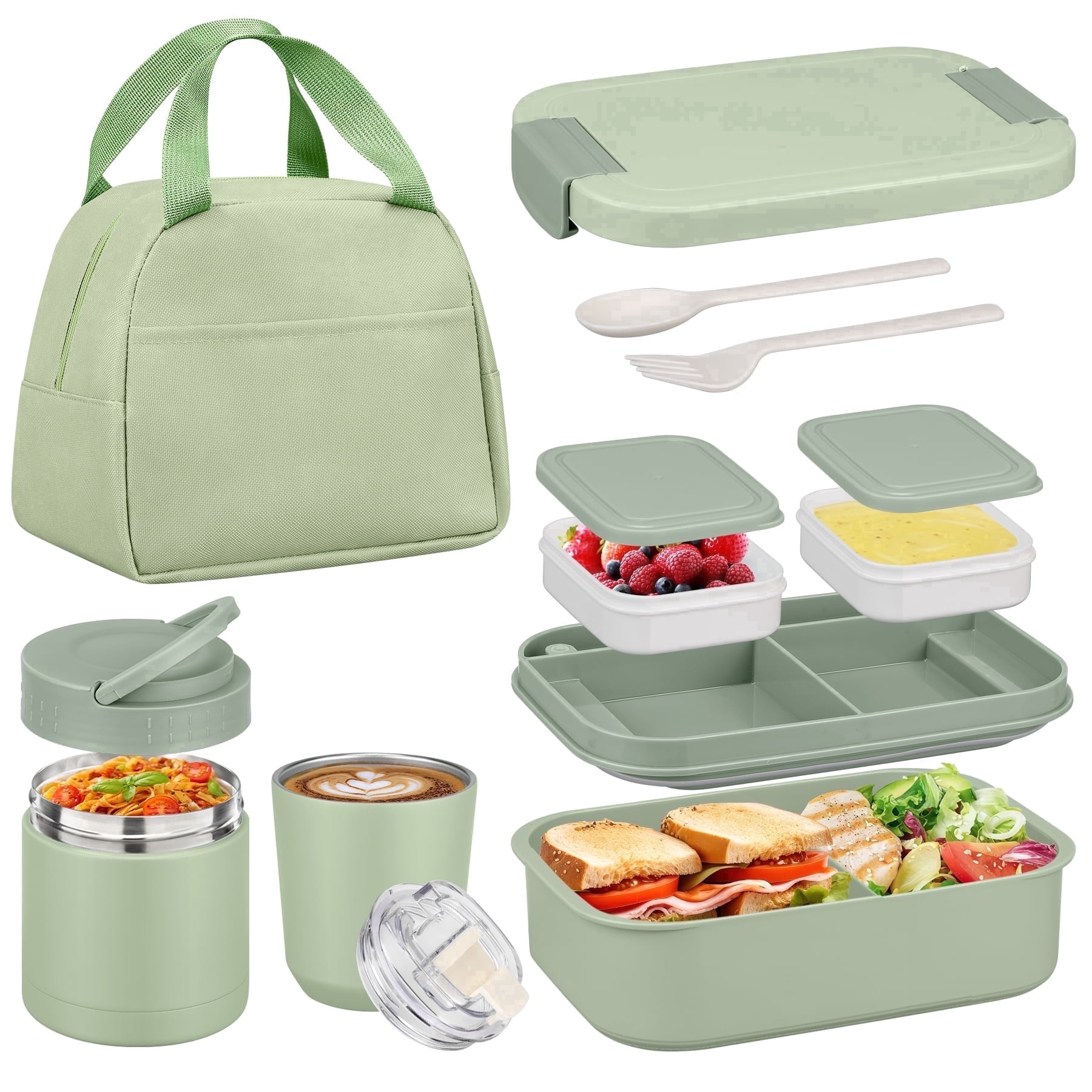 Bento Lunch Box Set with 10.5oz Soup Thermo for Adults Kids, Leak-proof Food Jar Lunch Container with 4 Compartment, Stainless Steel Coffee Tumbler with Lunch Bag for School Travel Office Green