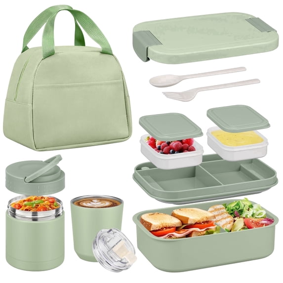 Bento Lunch Box Set with 10.5oz Soup Thermo for Adults Kids, Leak-proof Food Jar Lunch Container with 4 Compartment, Stainless Steel Coffee Tumbler with Lunch Bag for School Travel Office Green