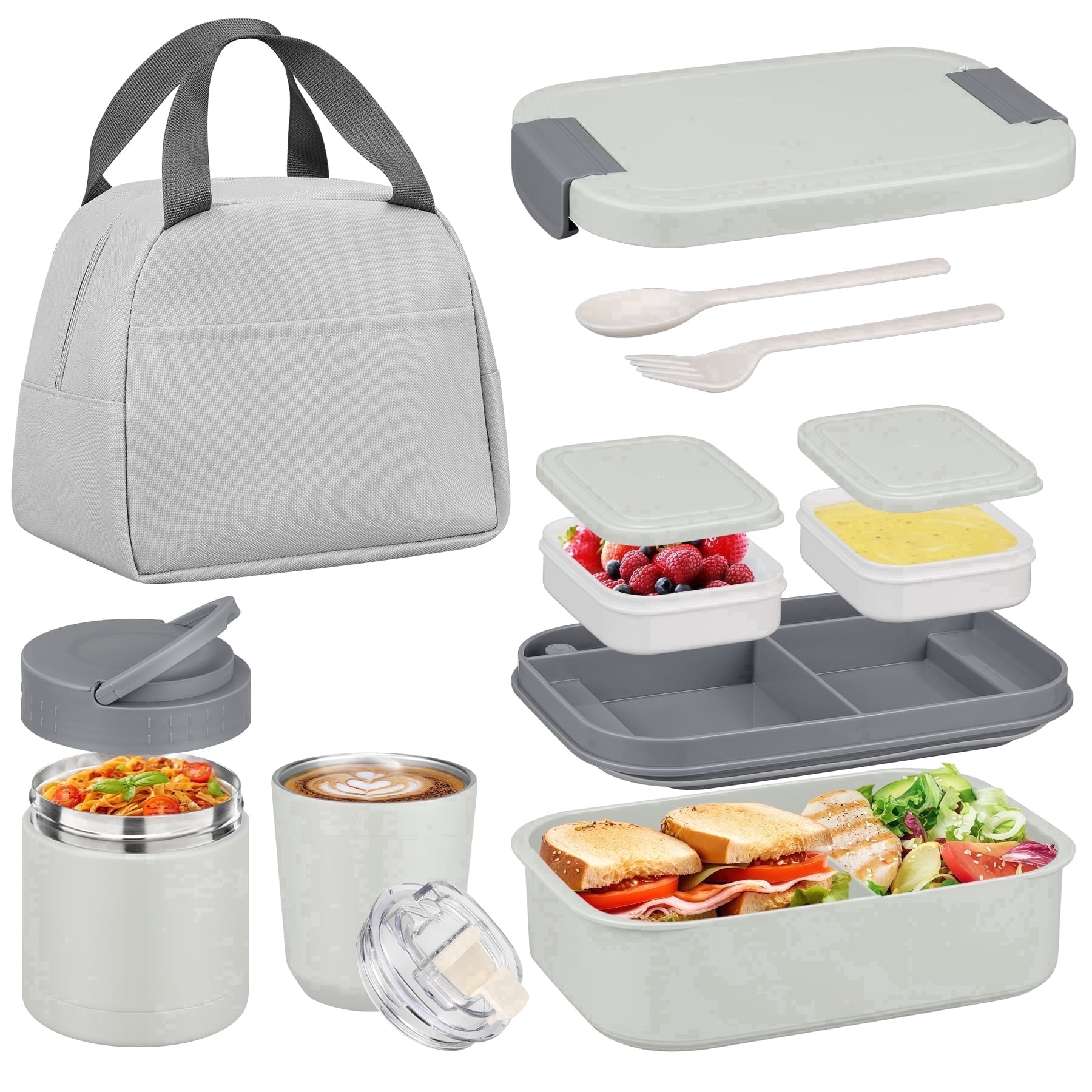 Bento Lunch Box Set with 10.5oz Soup Thermo for Adults Kids, Leak-proof Food Jar Lunch Container with 4 Compartment, Stainless Steel Coffee Tumbler with Lunch Bag for School Travel Office Grey