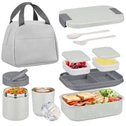 Bento Lunch Box Set with 10.5oz Soup Thermo for Adults Kids, Leak-proof Food Jar Lunch Container with 4 Compartment, Sta