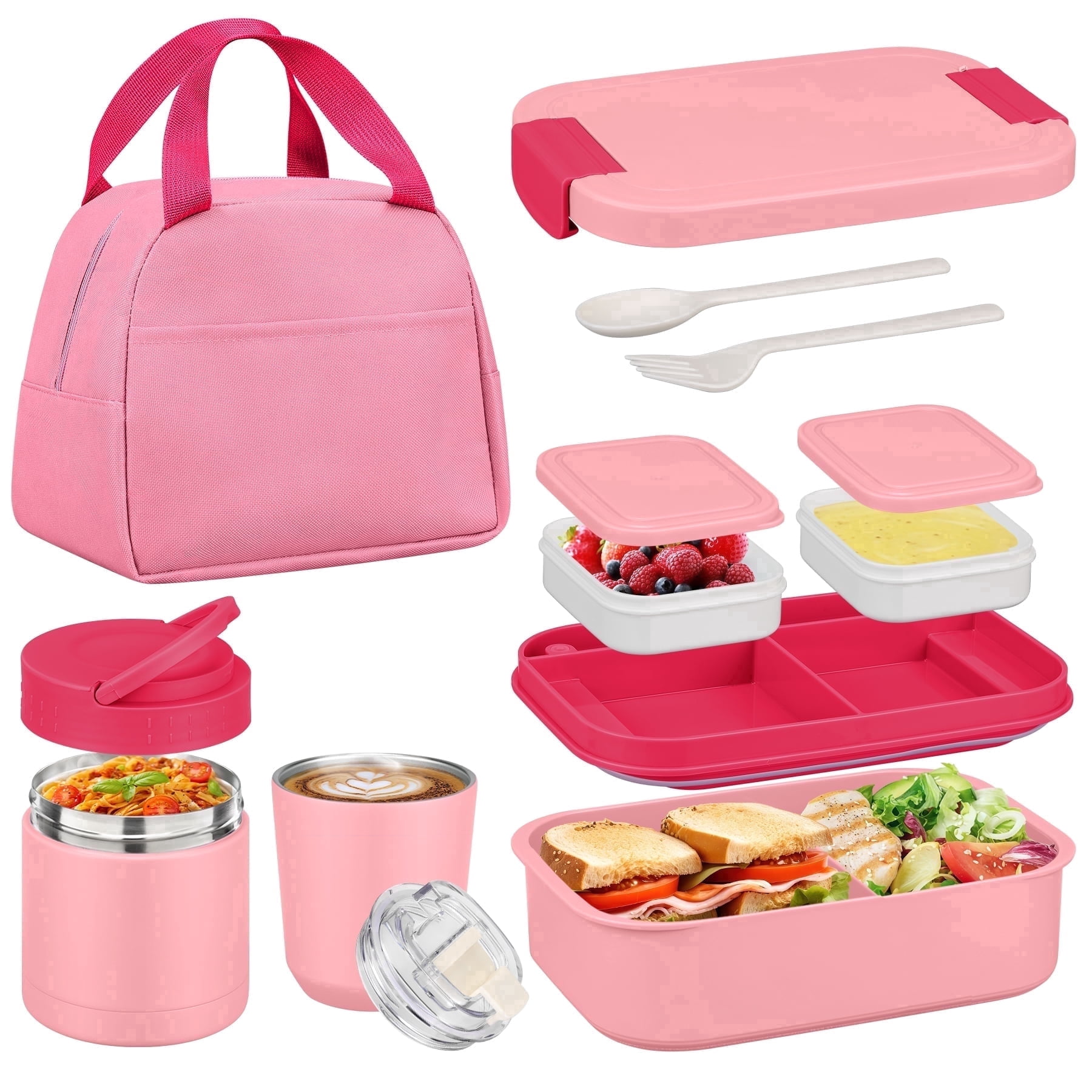 Bento Lunch Box Set with 10.5oz Soup Thermo for Adults Kids, Leak-proof Food Jar Lunch Container with 4 Compartment, Stainless Steel Coffee Tumbler with Lunch Bag for School Travel Office Pink
