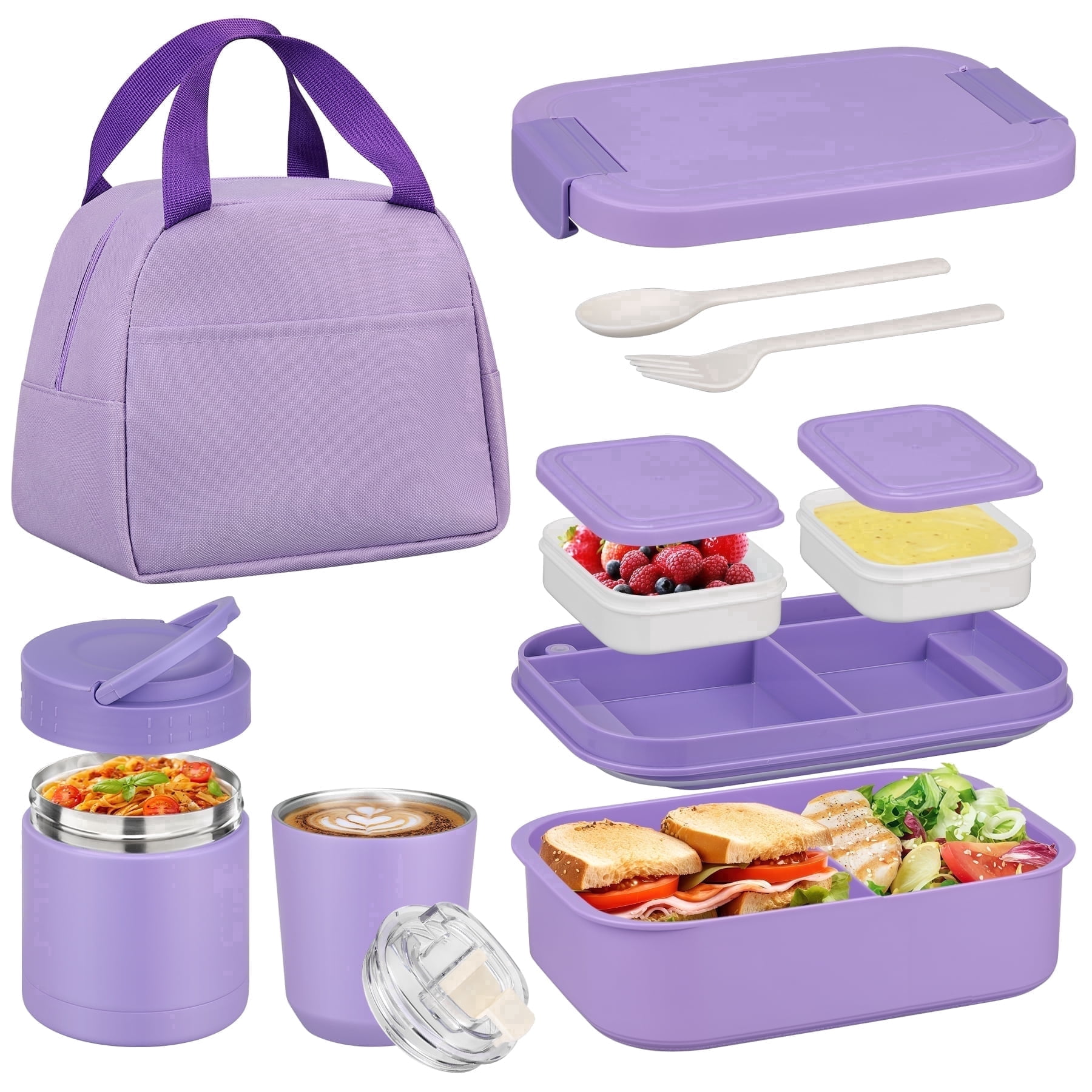 Bento Lunch Box Set with 10.5oz Soup Thermo for Adults Kids, Leak-proof Food Jar Lunch Container with 4 Compartment, Stainless Steel Coffee Tumbler with Lunch Bag for School Travel Office Purple