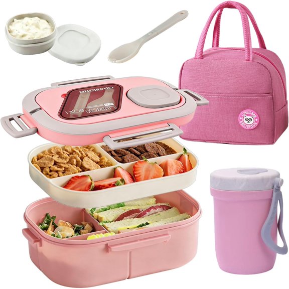 Lunch Box For Women, Bento Adult With 2-Tier Container, Bag, Sauce Pod, Utensil Set. Containers, Salad Container. BPA-Free, Microwave/Dishwasher Safe (Pink)