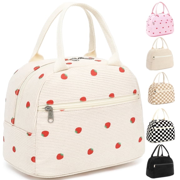 Lunch Box for Women,Cute Insulated Lunch Bag,Reusable Lunch Box with Large Capacity,Women Lunch Bags for Work Picnic or Travel Gifts-Leakproof,Waterproof,Strawberries Beige