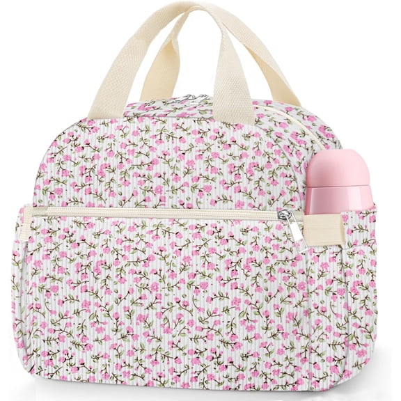 Lunch Box for Women, Cute Flower Corduroy Insulated Lunch Bag Women Work Leakproof Simple Adults Large Lunch Boxes Tote Bag Men Cooler Bag
