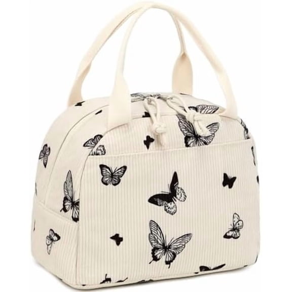 Lunch Box for Women Insulated Lunch Bag Corduroy Lunch Tote Bags Leakproof Cooler Lunch Case for Travel Work Picnic (Corduroy Beige-Butterfly)