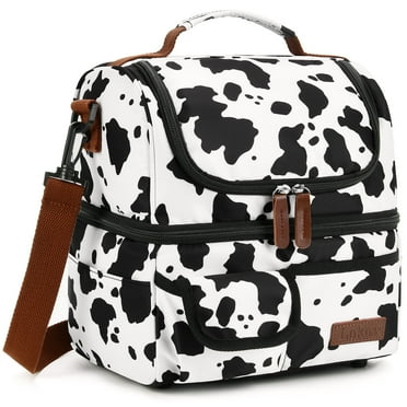 Lunch Box for Women Men, Insulated Lunch Bag with Removable Shoulder Strap, Reusable Leakproof Cooler Lunch Box Tote Double Deck/ Cow Pattern
