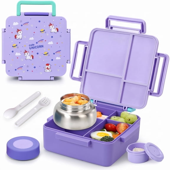 MEHOOM Kids Lunch Box, Leakproof Bento Box for kids with 4 Compartments & 18oz Soup Thermos for Hot Food, kids Insulated Lunch Box Durable, Drop-Proof, BPA-Free Materials(Purple Unicorn)