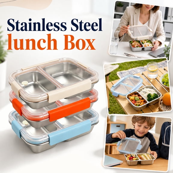 Lunch Container, Stainless Steel Lunch Box, Bento Lunch Box, Compartment Lunch Box, 2 Divided Steel Box, Beige Accent Locking Lid, 8X6X2 Inch 304 Stainless Steel Build, Leak