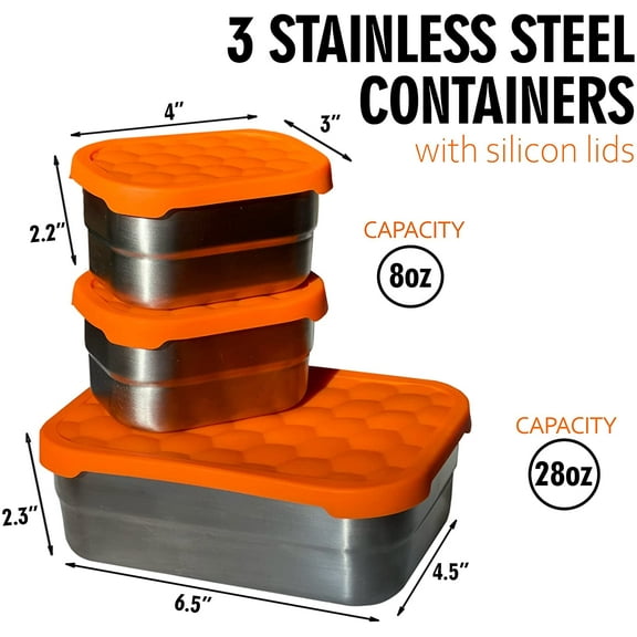 Lunch Containers For Adults, Bento Box, Stainless Steel Food Containers with Lids Set of 3 (28 oz, 8 oz, 8 oz), Premium Metal Snack Container Leakproof Lunch Silicone Lids Sandwich Containers