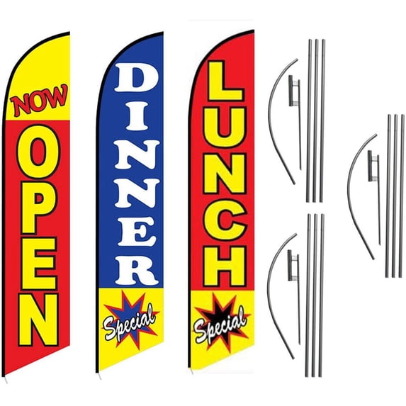 Lunch Dinner Special Now Open Restaurant Advertising Feather Flag Kits Package, Includes 3 Banner Flags, 3 Flag Poles, and 3 Ground Stakes
