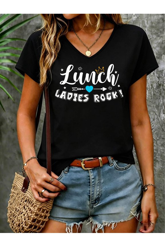 Lunch Ladies Rock Lunch Lady Squad Back to School Gifts V Neck T-Shirt Cotton Women's V Neck Graphic Tee, Casual Short Sleeve Shirt,Vacation Outfit