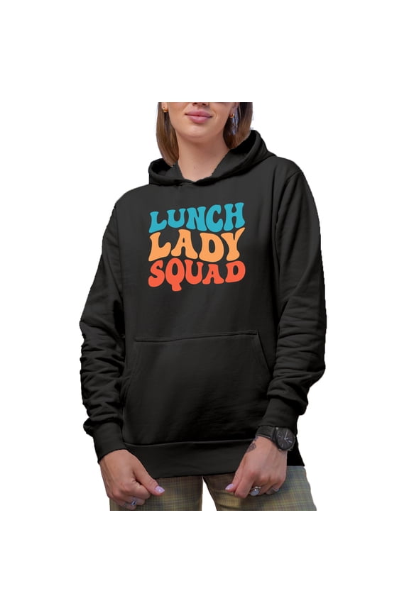 Lunch Lady Squad, School Cafeteria Themed, Groovy Retro Wavy Text Merch Gift, Black Hooded Sweatshirt or Hoodie, Small