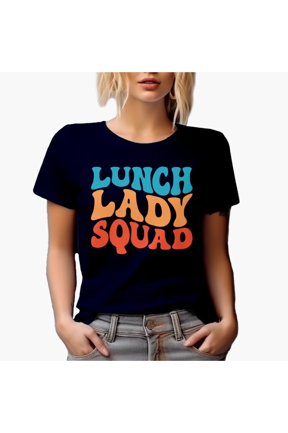 Lunch Lady Squad, School Cafeteria Themed, Groovy Retro Wavy Text Merch Gift, Navy Blue T-Shirt, Small