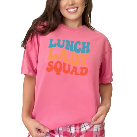 Lunch Lady Squad, School Themed, Groovy Retro Wavy Text, Crunchberry Comfort Colors T-Shirt, 3XL