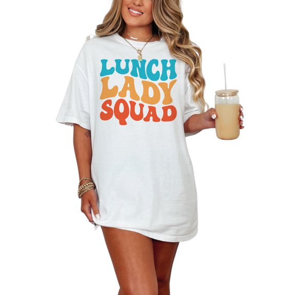 Lunch Lady Squad, School Themed, Groovy Retro Wavy Text, White Comfort Colors T-Shirt, Small