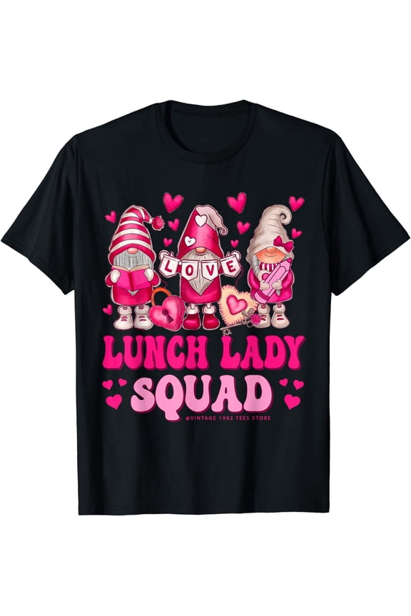 Lunch Lady Teacher Squad Valentines Day Gnomes Holding Heart T-Shirt