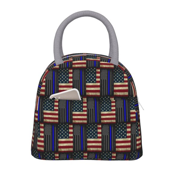 Lunch Tote Bag America Thin Blue Line Flag Trendy Lightweight Reusable Stylish Bento Box for Adult Light Grey