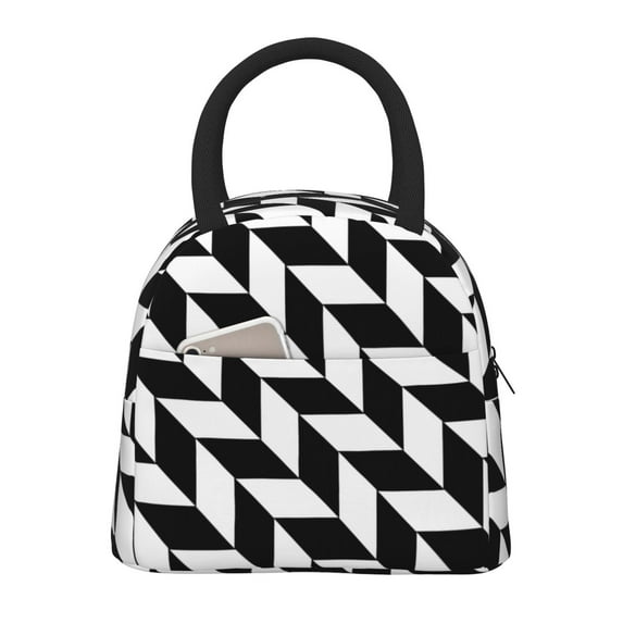 Lunch Tote Bag Black White Lattice Print Trendy Lightweight Reusable Stylish Bento Box for Adult Black
