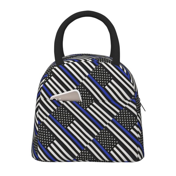 Lunch Tote Bag Thin Blue Line Flag Trendy Lightweight Reusable Stylish Bento Box for Adult Black