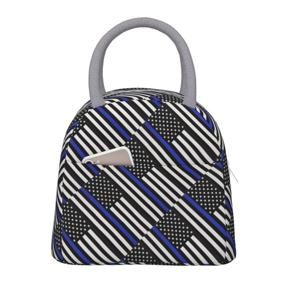 Lunch Tote Bag Thin Blue Line Flag Trendy Lightweight Reusable Stylish Bento Box for Adult Light Grey