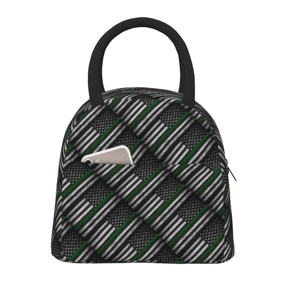 Lunch Tote Bag Thin Green Line Flag Trendy Lightweight Reusable Stylish Bento Box for Adult Black