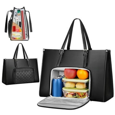 Lunch Tote Bag for Women, 12 Inch Laptop Bag with Insulated Lunch Compartment, Quilted Large Capacity Computer Handbag with Purse for Business, Work, Nurse, Office, Collage, Casual, Black