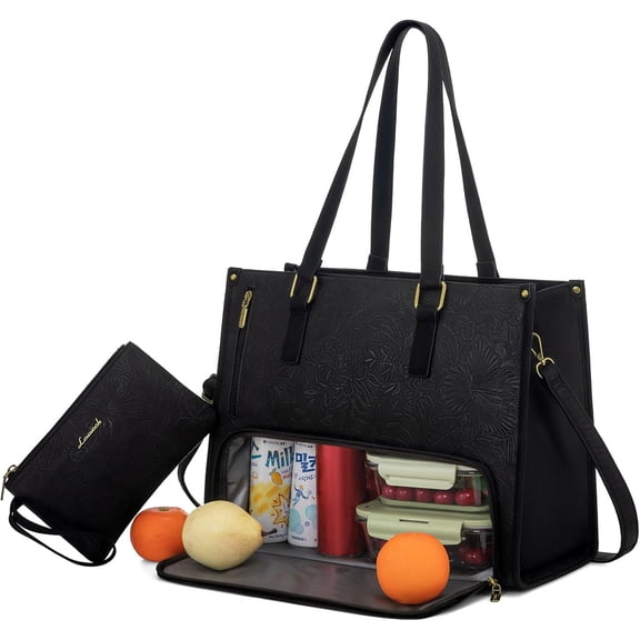 Lunch Tote Bag for Women, 15.6 Inch Laptop Bag with Insulated Lunch Compartment, Quilted Large Capacity Computer Handbag with Purse for Business, Work, Collage, Office, Casual, Beige-black