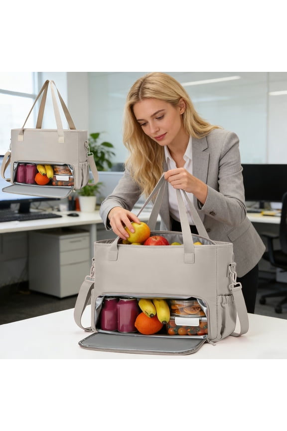 Lunch Tote Bag for Women 16.5x6.6x12.5 Inch, Tote Bag with Insulated Compartment Large Casual Handbag Luncg Bags for Nurse, Teacher, Office, Travel, Beach(1pcs, Khaki)