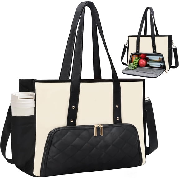 Lunch Tote Bag for Women, 15.6 Inch Laptop Bag with Insulated Lunch Compartment & Cup Holder for Work, Office,Teacher,College, Daily, Black&White