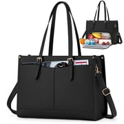 RAINSMORE Lunch Tote Bag for Women 15.6 inch Laptop Bag with Insulated Lunch Compartment PU Leather Quilted Computer Teacher Tote for Work,Black