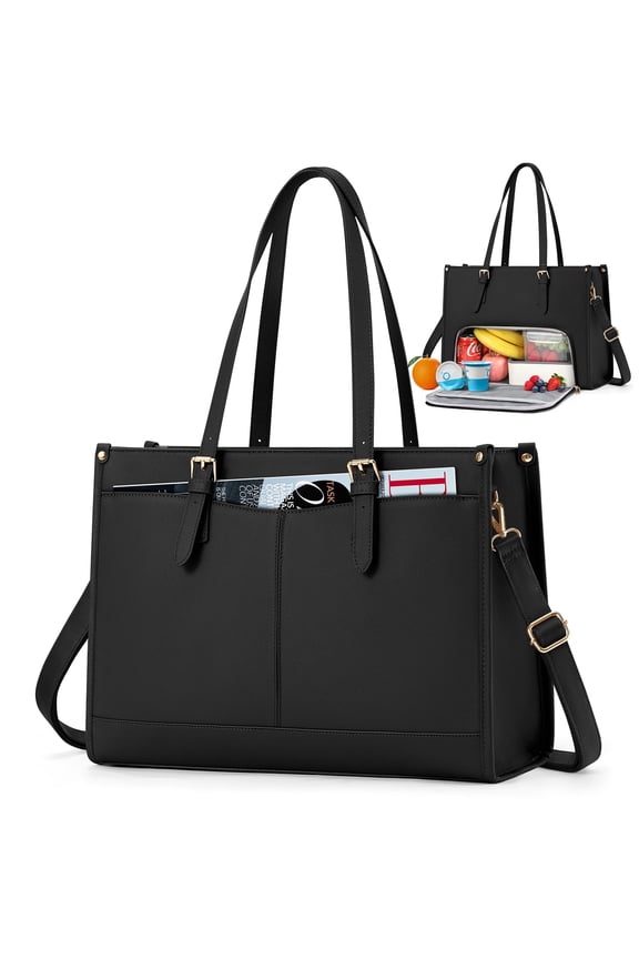 Lunch Tote Bag for Women 15.6 Inch Laptop Bag with Insulated Lunch Compartment Leather Quilted Computer Teacher Tote for Work,Black