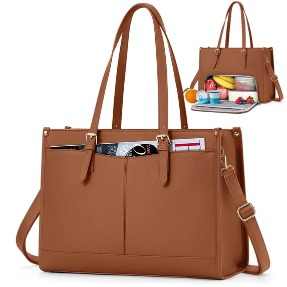 RAINSMORE Lunch Tote Bag for Women 15.6 inch Laptop Bag with Insulated Lunch Compartment PU Leather Quilted Computer Teacher Tote for Work,Brown