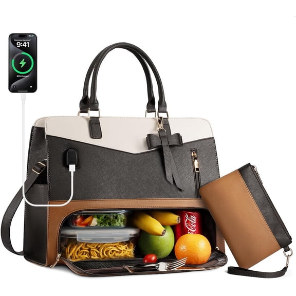 Lunch Tote Bag for Women 2 in 1 Laptop Work Bag with Lunch Insulated Compartment and Purse Combo Leather Crossbody Bag (Black Brown)